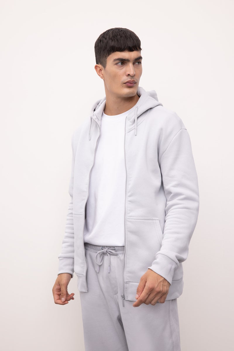 DeFacto Grey Man Regular Fit Hooded Soft Furry Inside Basic Zippered Sweatshirt Casual - Image 3